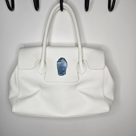 Uno Alla Volta Ivory Florentine Leather Tote With Blue Apatite Accent NWOT
